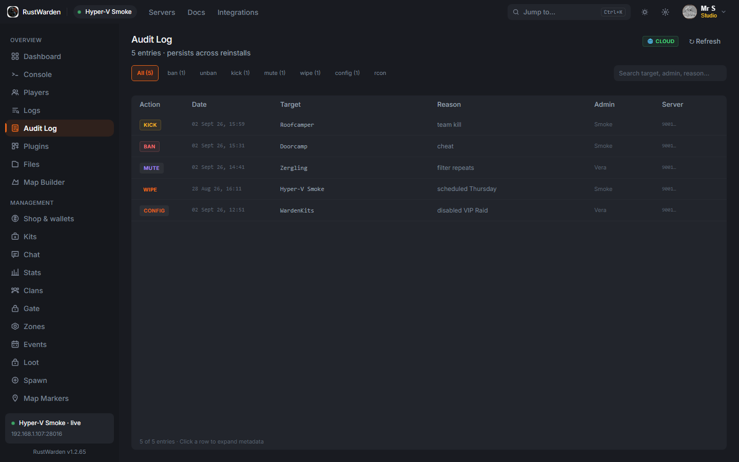 Staff audit trail for kick, ban, mute, and wipe