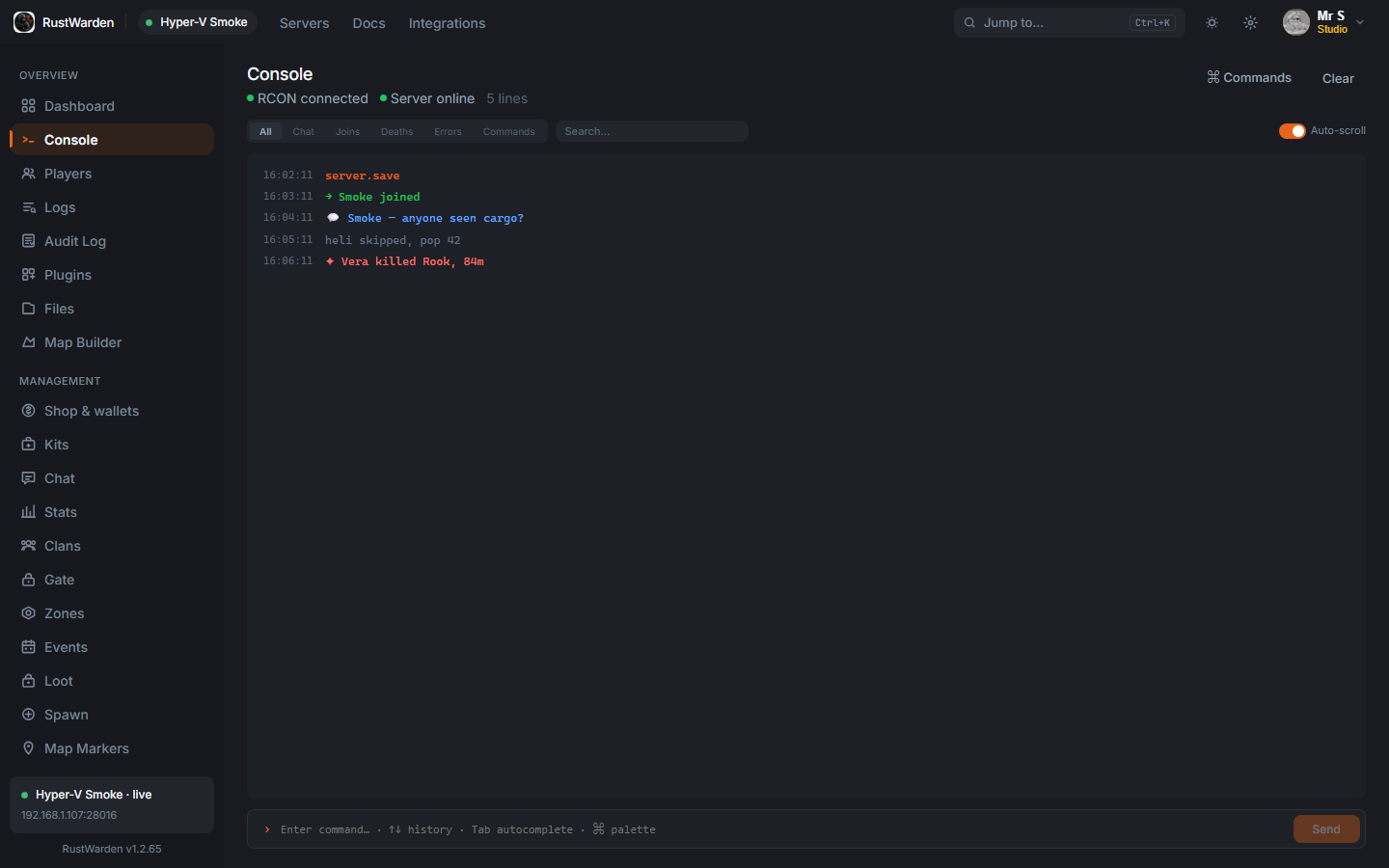 Live RCON console with chat, joins, and deaths
