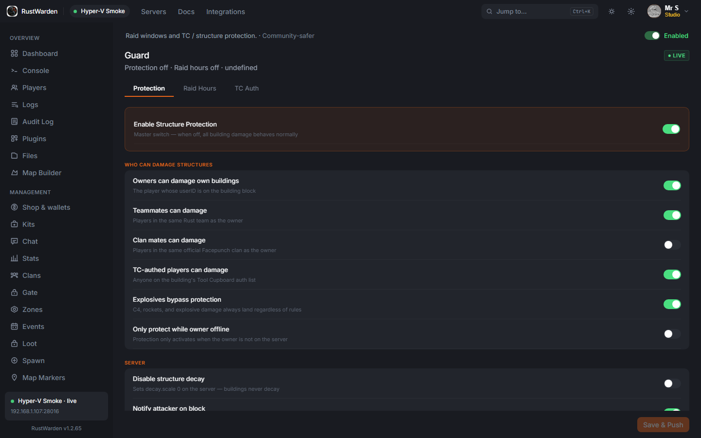 Structure protection toggles and raid-hour windows