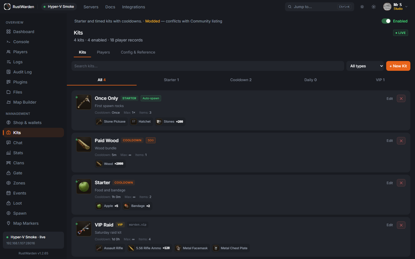 Kit editor with Once Only, Paid Wood, Starter, and VIP Raid