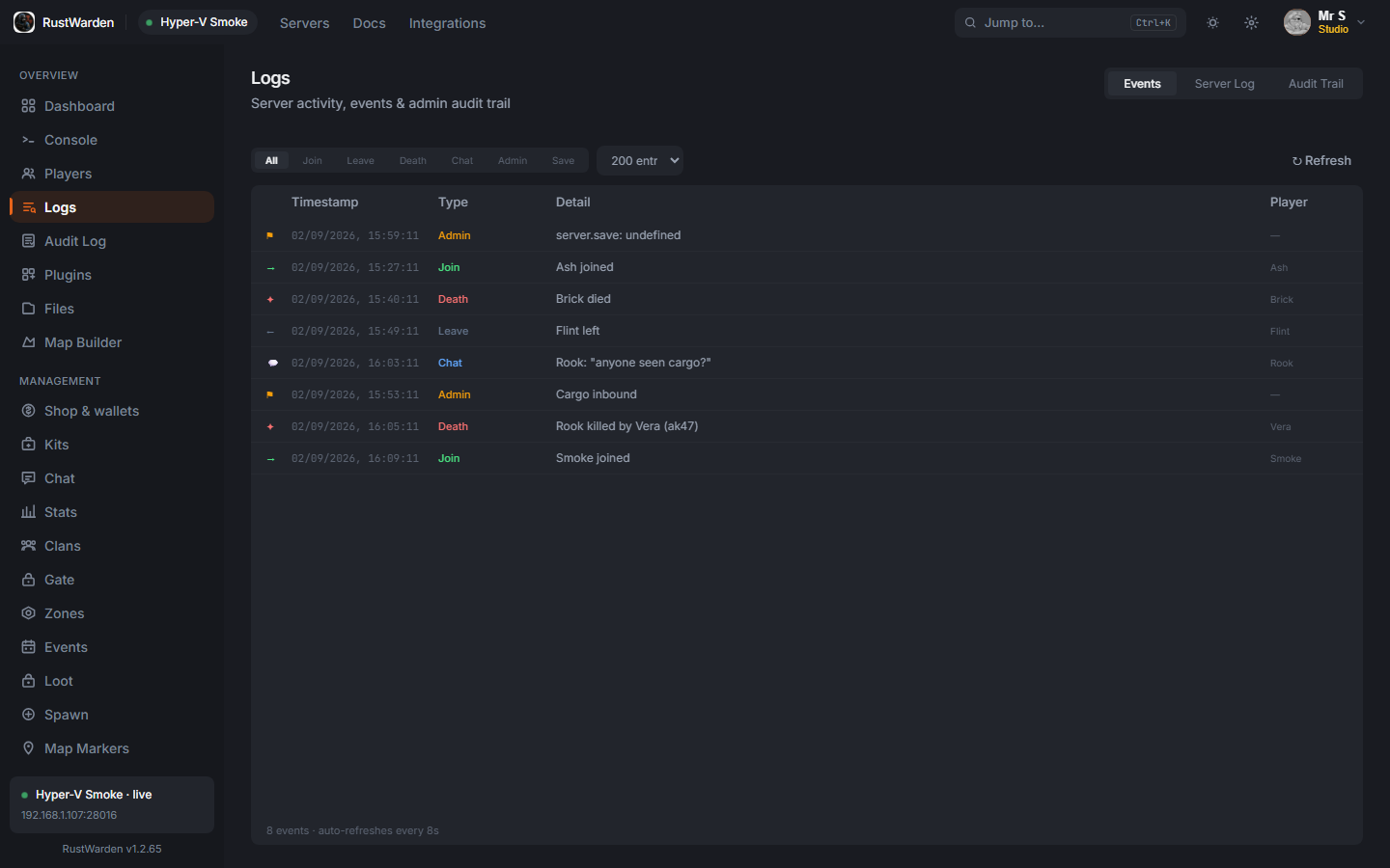 Structured join, death, chat, and admin events