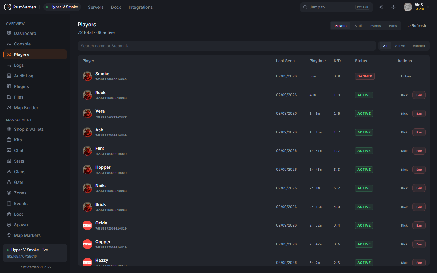 Player list with Steam avatars, kick and ban actions