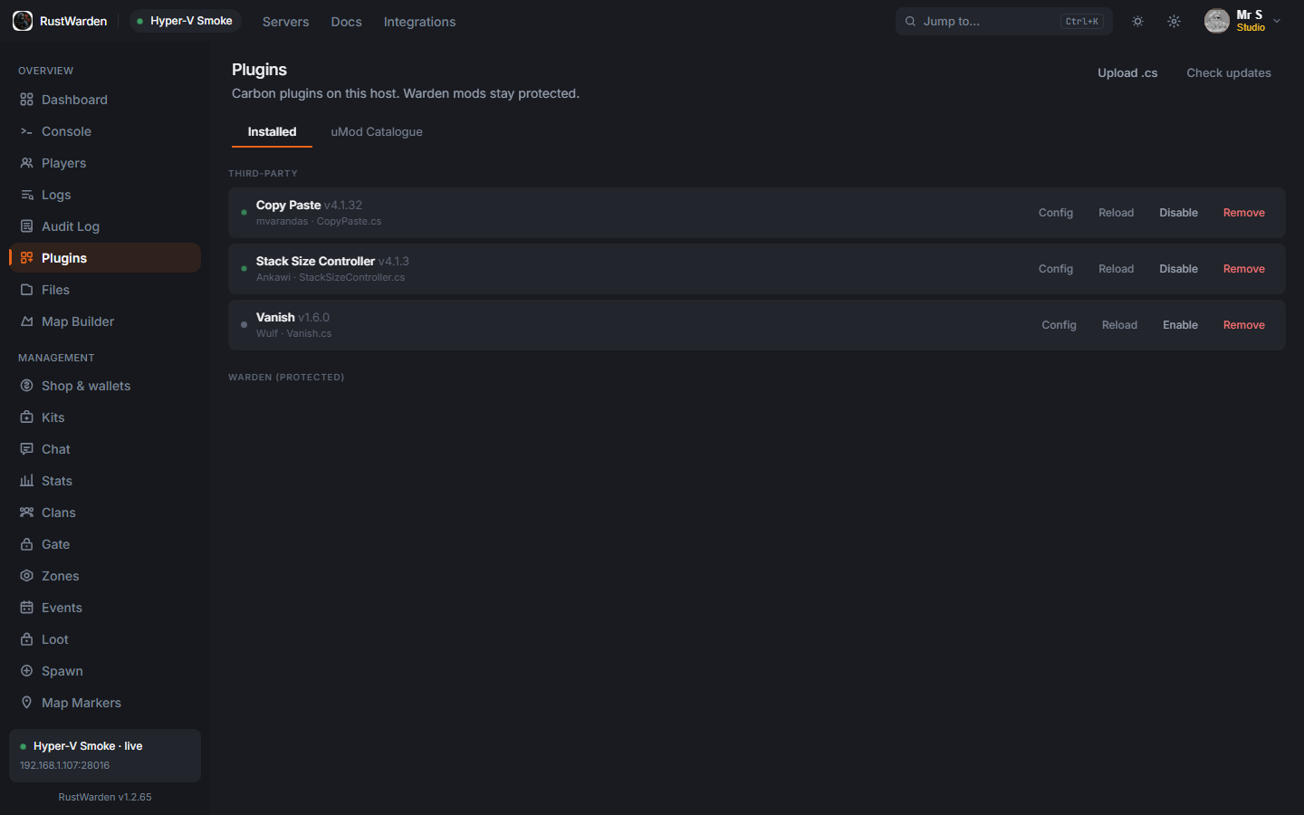 Installed Carbon plugins Copy Paste, Stack Size Controller, Vanish