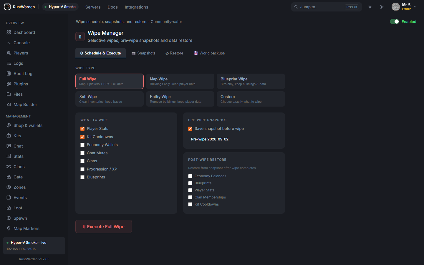 Wipe manager with full, map, and blueprint types